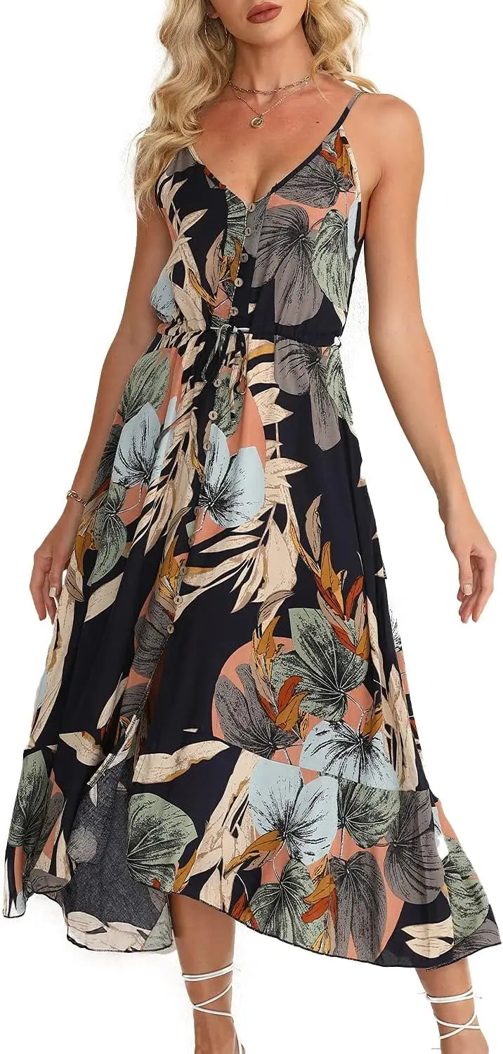 Boho SundrPolka Dot Spaghetti Strap V Neck Flowy Midi Dresses