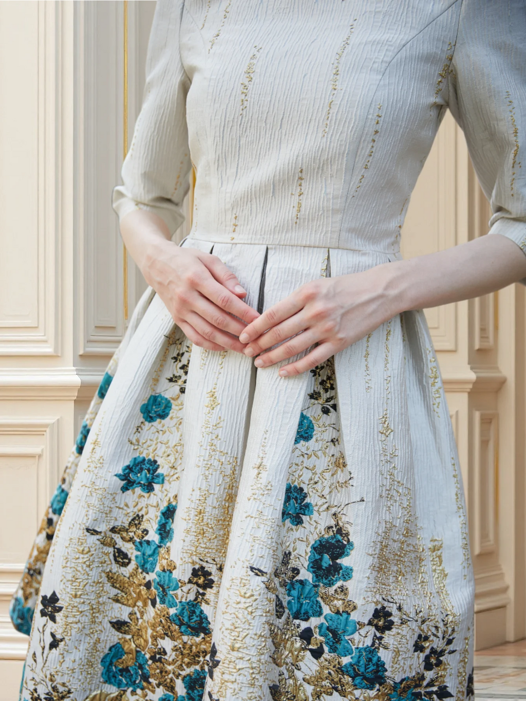 Luxury Embroidered Jacquard Dress with Fitted Waist and Flared Midi Hem Dates or Tea Parties