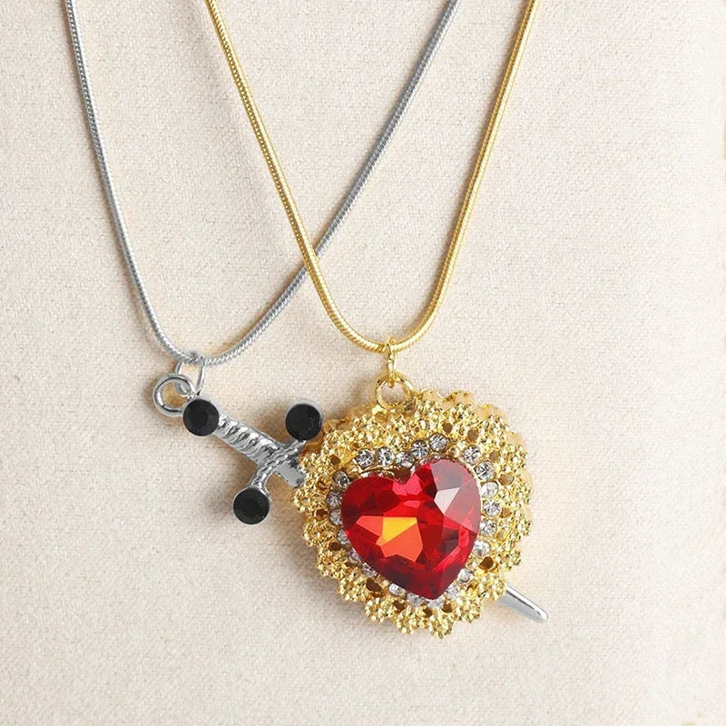 Heart and Sword Zircon Pendant Necklace for Women Men Couple Silver Gold Plated Choker Chain Jewelry