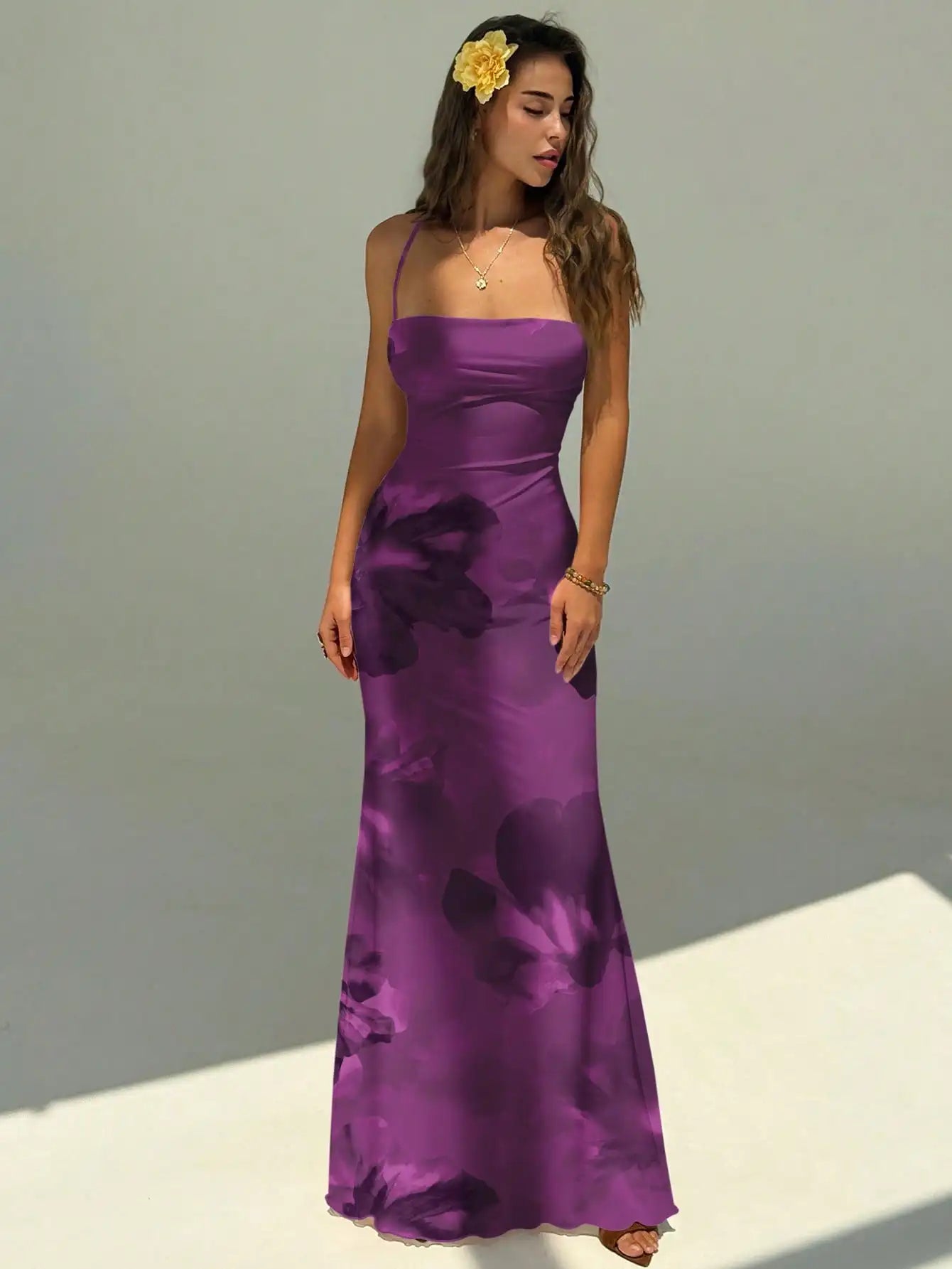 Womens Backless Strappy Maxi Dress With Floral Ombre Tie-Dye Print For Summer Beach Festival
