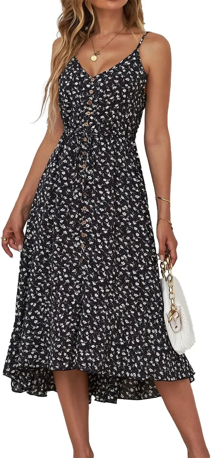 Boho SundrPolka Dot Spaghetti Strap V Neck Flowy Midi Dresses