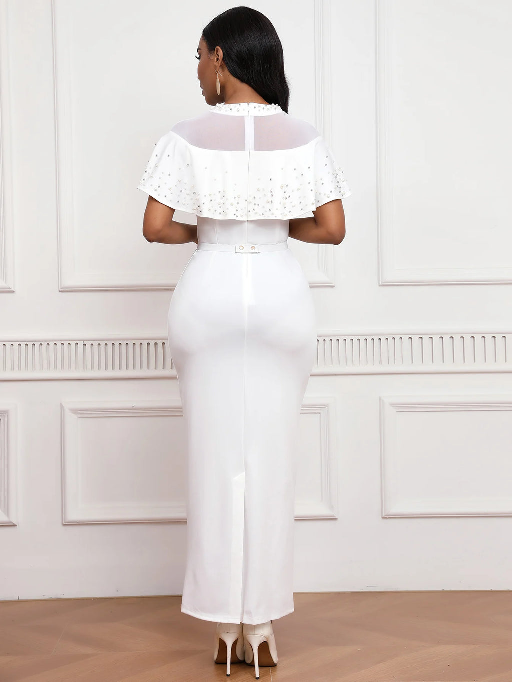 Fashion Elastic Banquet Elegant Dress with Beaded Tulle Shawl Sleeves, Belted, Slim-Fitting, and Pencil Long Skirt
