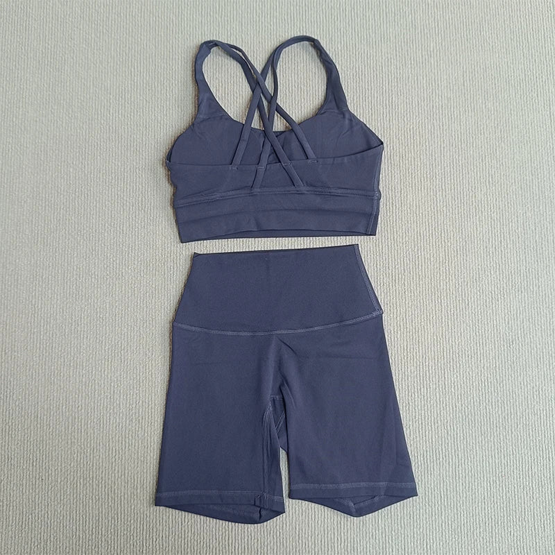 2-Piece Yoga Set Tights Shorts For Woman Cross Back Bra Top + High Waist Shorts Fitness Running Workout Tracksuit