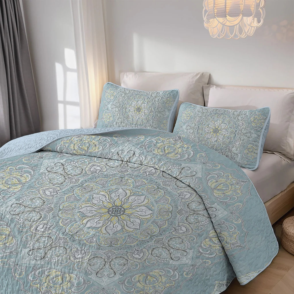 Boho Printed Quilt Set, Cal King, Durable, Breathable and Unique Summer Bedding Set, Including 1 Quilt, 1/2 Pillowcase
