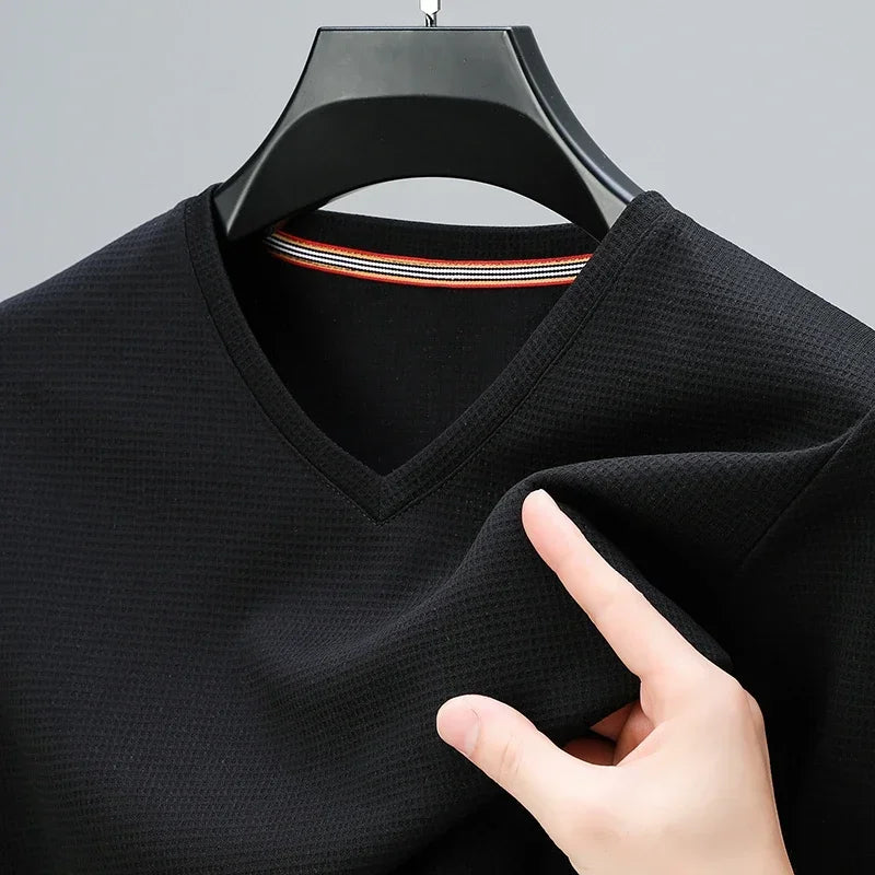 Men's New Waffle V Neck Short Sleeved T-shirt Summer Comfortable Top
