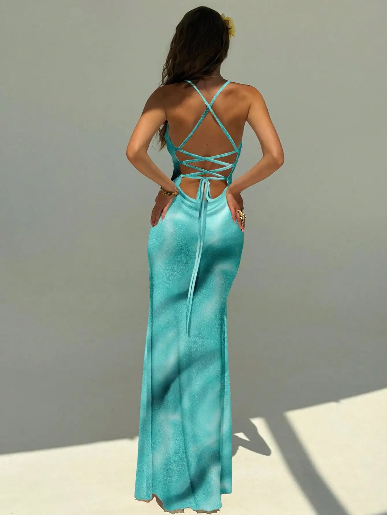 Womens Backless Strappy Maxi Dress With Floral Ombre Tie-Dye Print For Summer Beach Festival