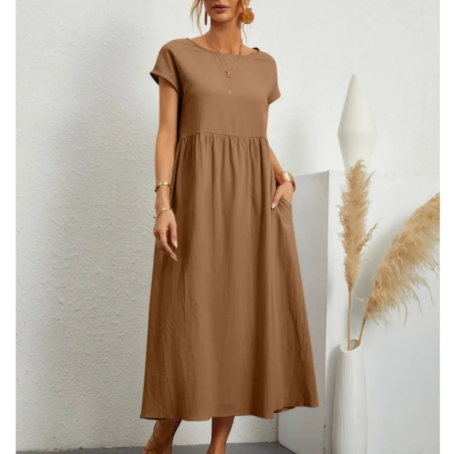 solid color sleeveless loose linen pocket women's dress in stock