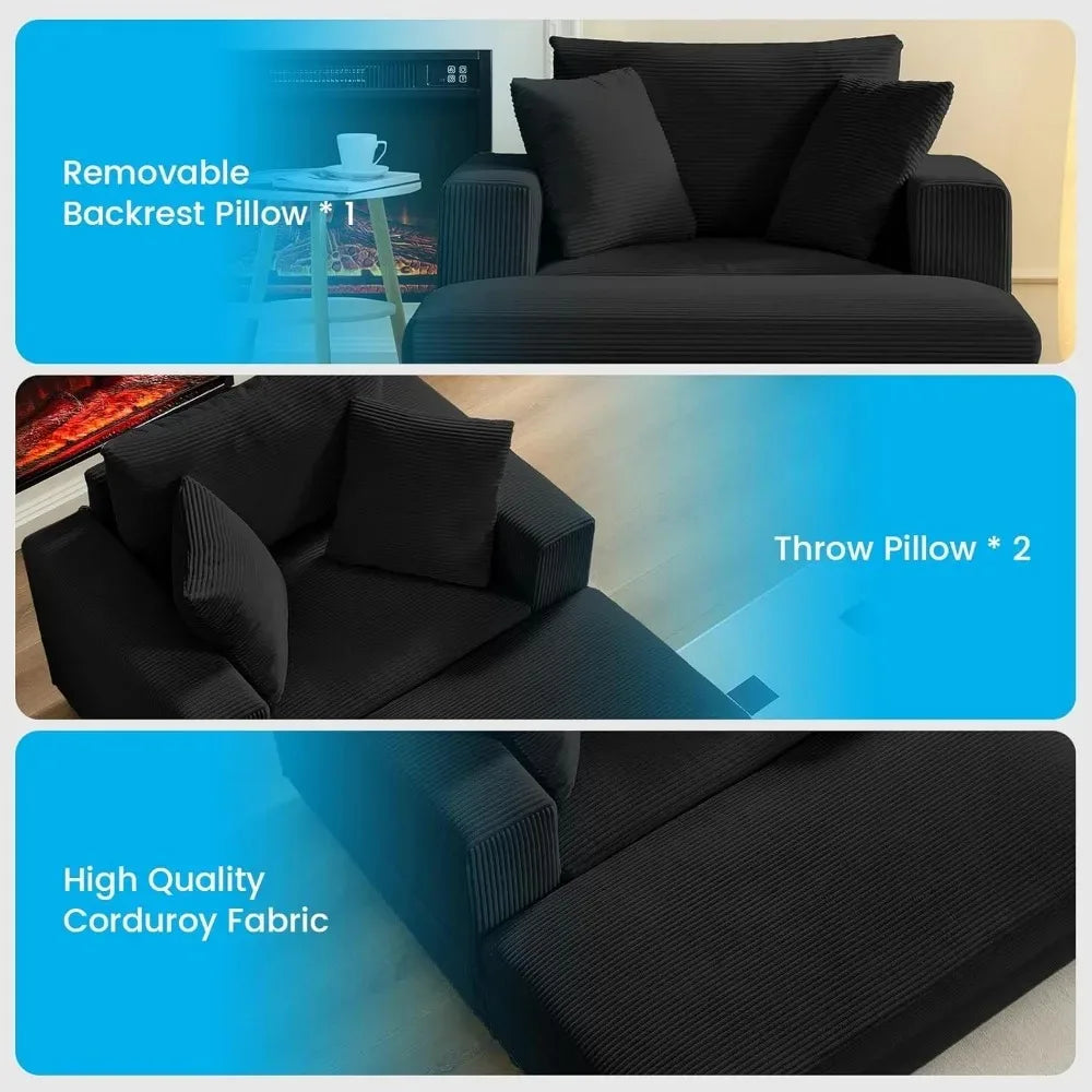 Oversized Chaise Lounge Indoor, 50" W Large Corduroy Lounges Chair with Ottoman & Pillows