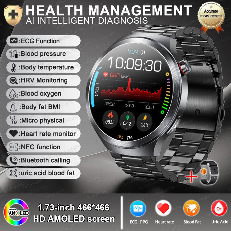 New For Health ECG+PPG Smart Watch Lipids Uric acid Blood Pressure Health 100+Sport HD Bluetooth