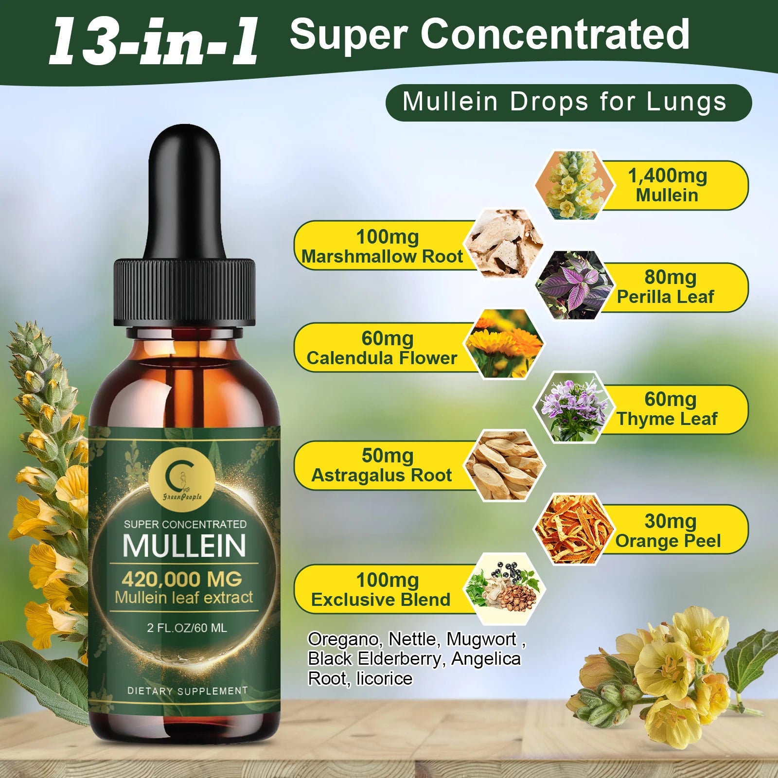 Mullein Drops for Lungs - Mullein Leaf Extract for Lung Detox & Cleanse, Support for Respiratory,