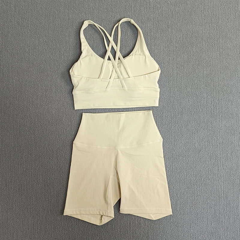 2-Piece Yoga Set Tights Shorts For Woman Cross Back Bra Top + High Waist Shorts Fitness Running Workout Tracksuit
