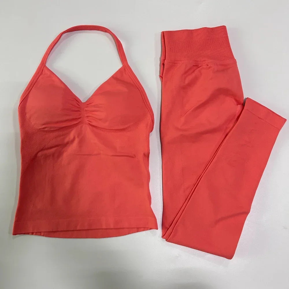 No Logo Seamless Gym Set Women Tank Tops High Waist Yoga Leggings Fitness Clothes Workout Sets Gym Suit Activewear
