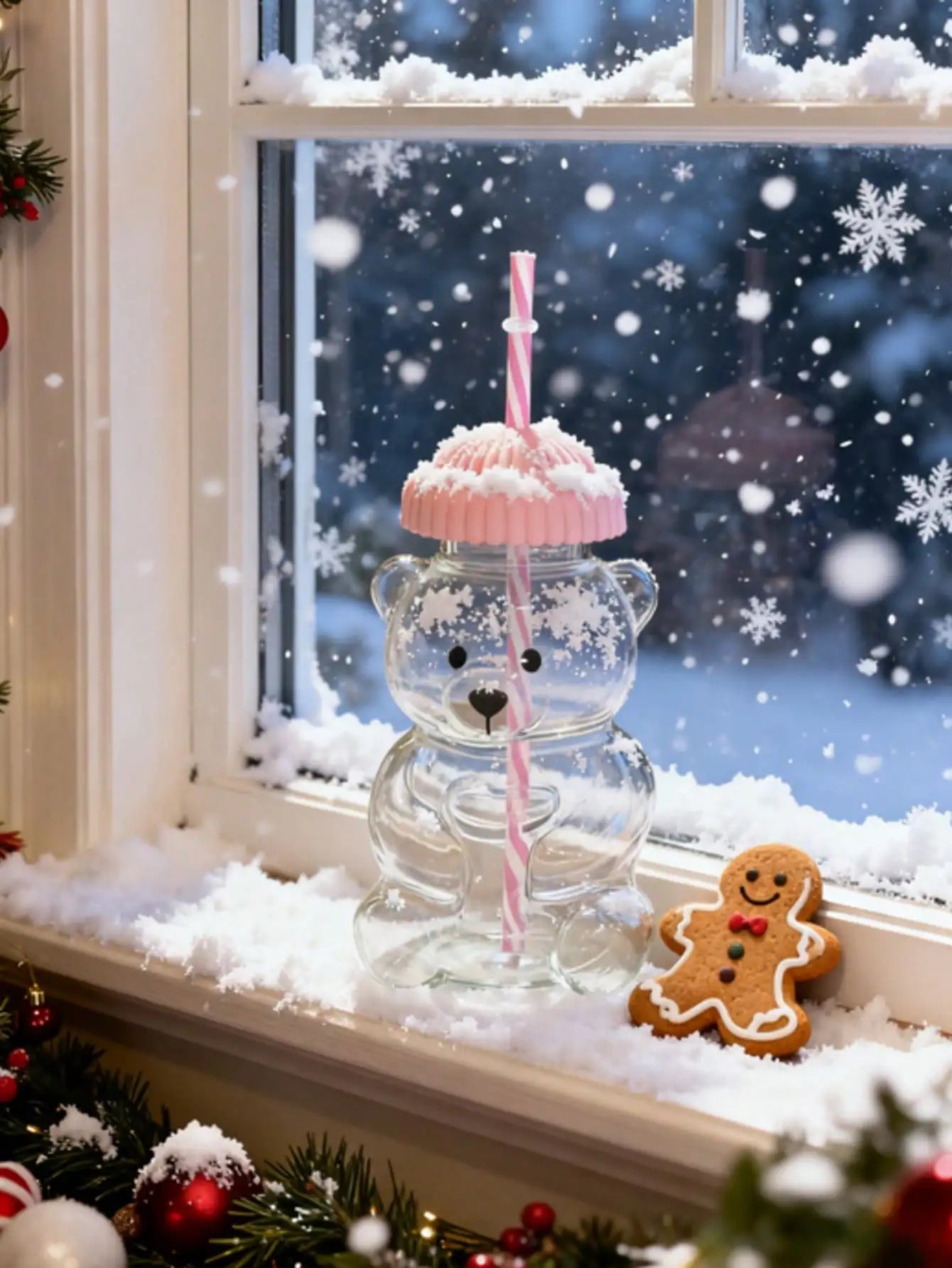 Mini Bear-Shaped Glass Cup With Pink Hat Lid & Straw