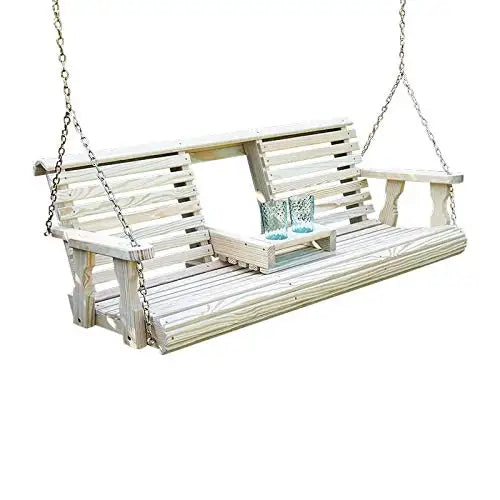 Console Porch Swing, Outdoor Patio Garden, Treated Pine White Stain 5ft Hanging Chains, Custom
