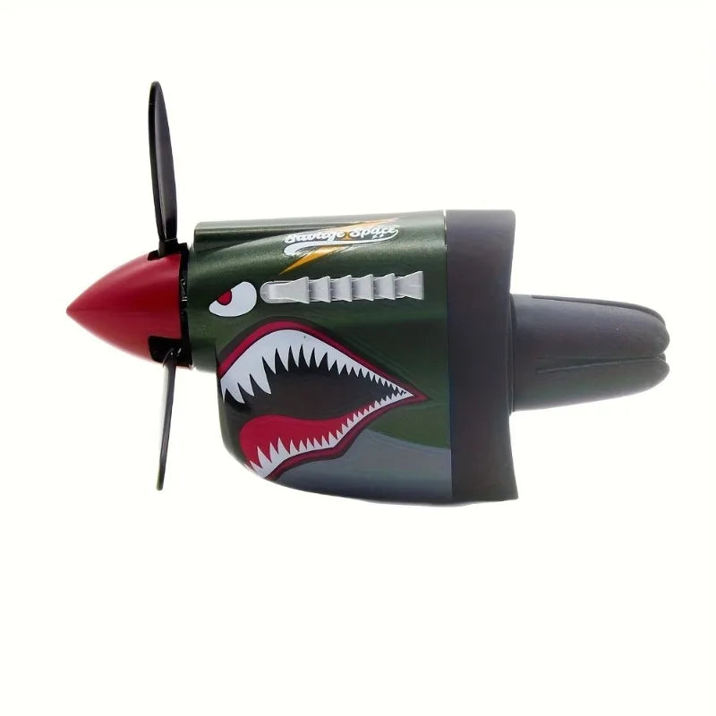P-40 fighter car air freshener, tribute to mechanical classics. Eye-catching propeller design, ideal gift.