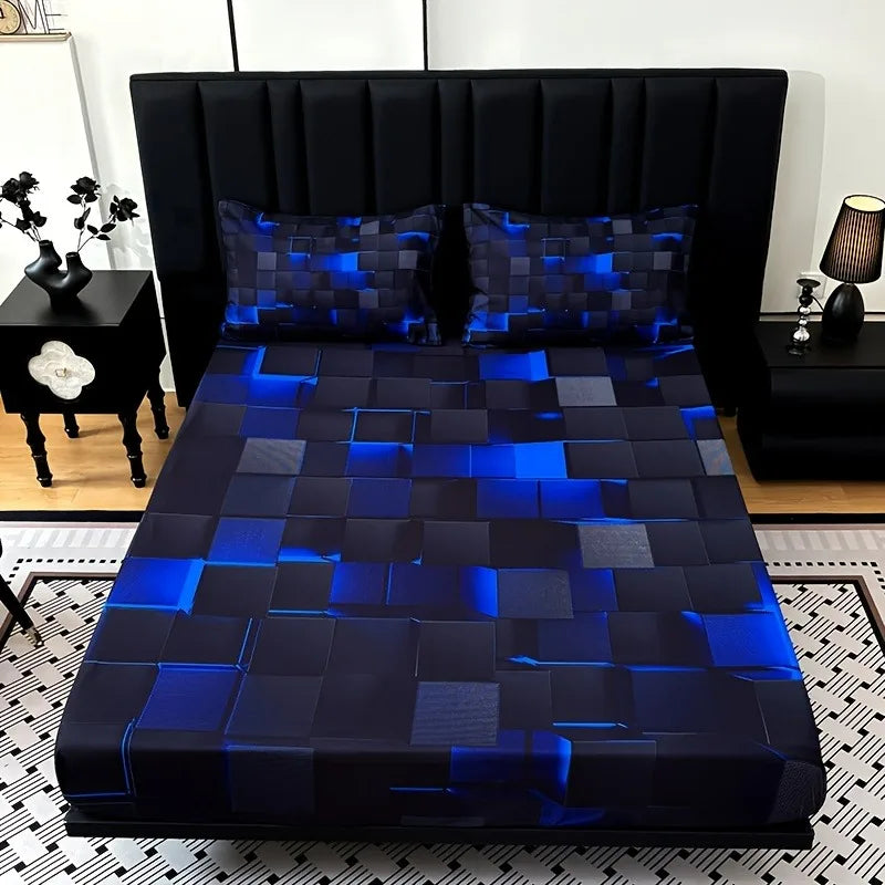 3pcs Cool Technology Digital Printing Material Plaid Fitted Sheet deep pockets