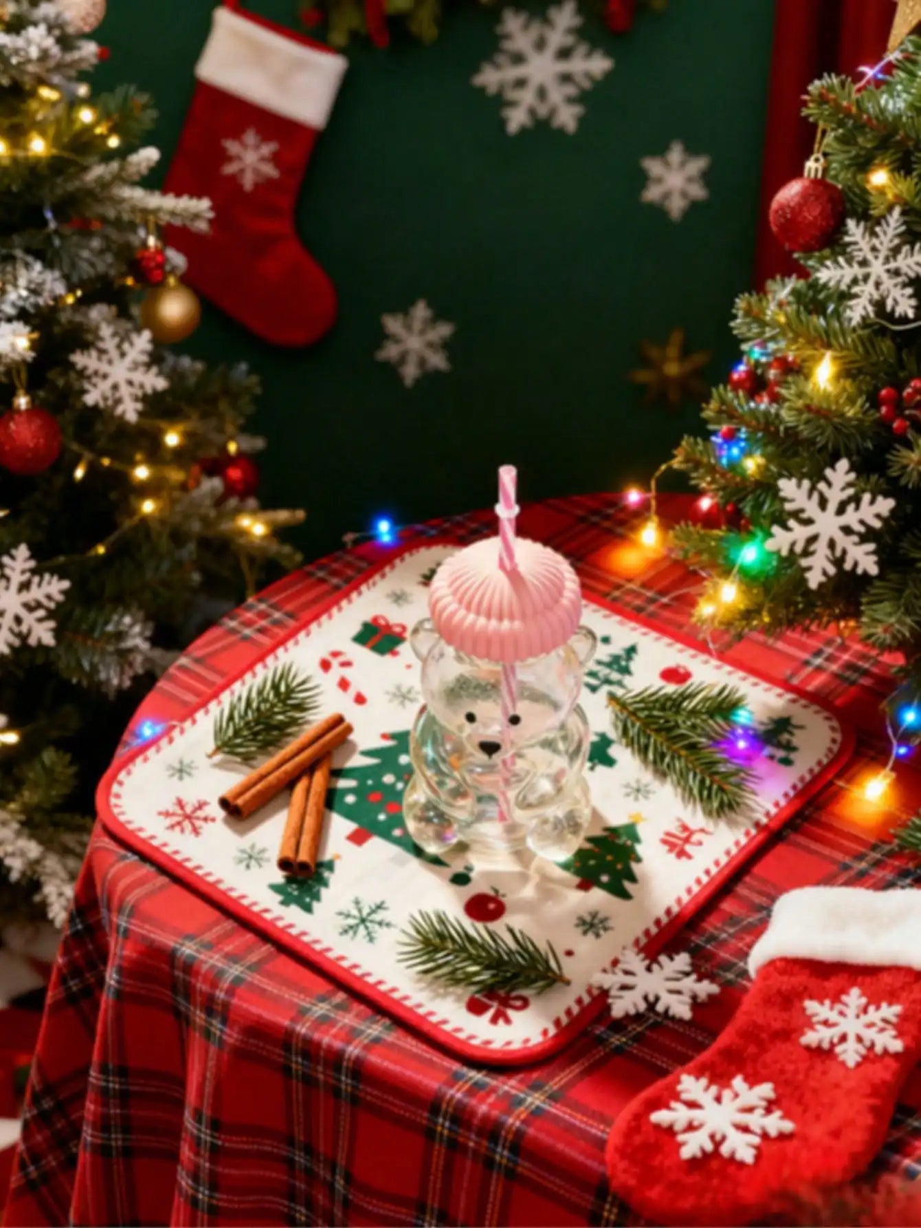 Mini Bear-Shaped Glass Cup With Pink Hat Lid & Straw