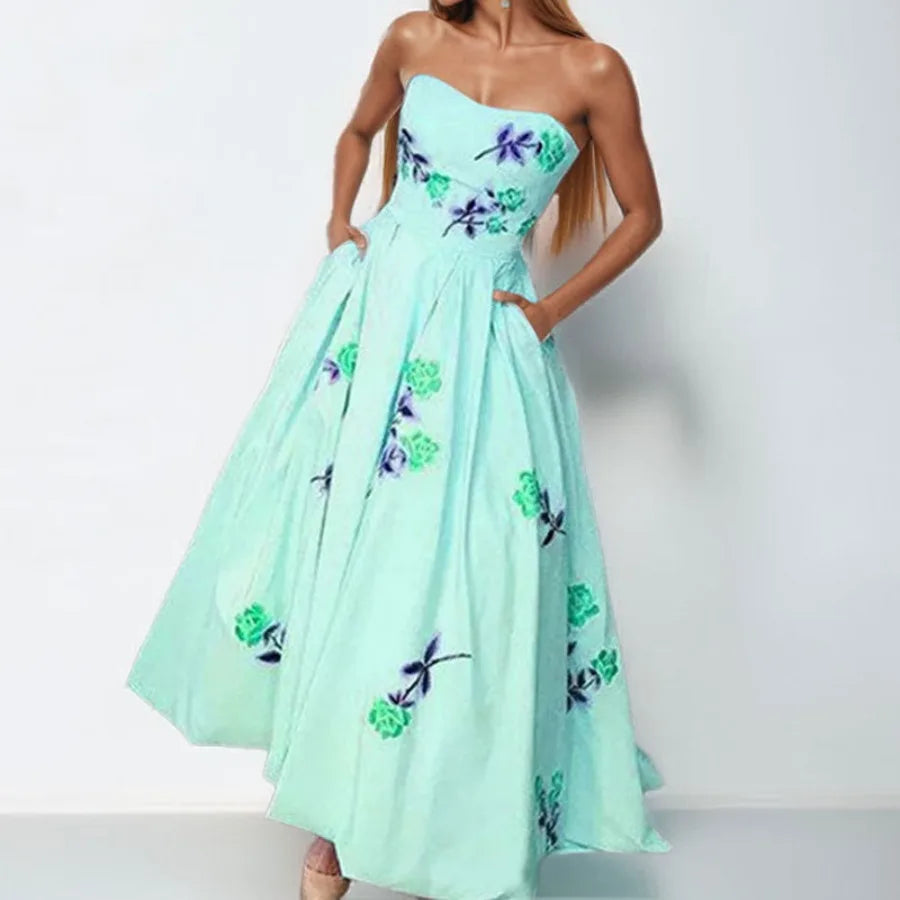 Sleeveless printed dress elegant high-waisted tube top dress long dress