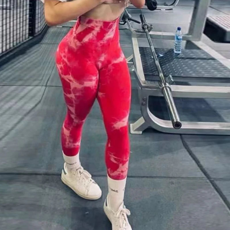 Women Athletic Tie Dye Gym Leggings Butt Lifting Workout Thick Elastic Yoga Pants