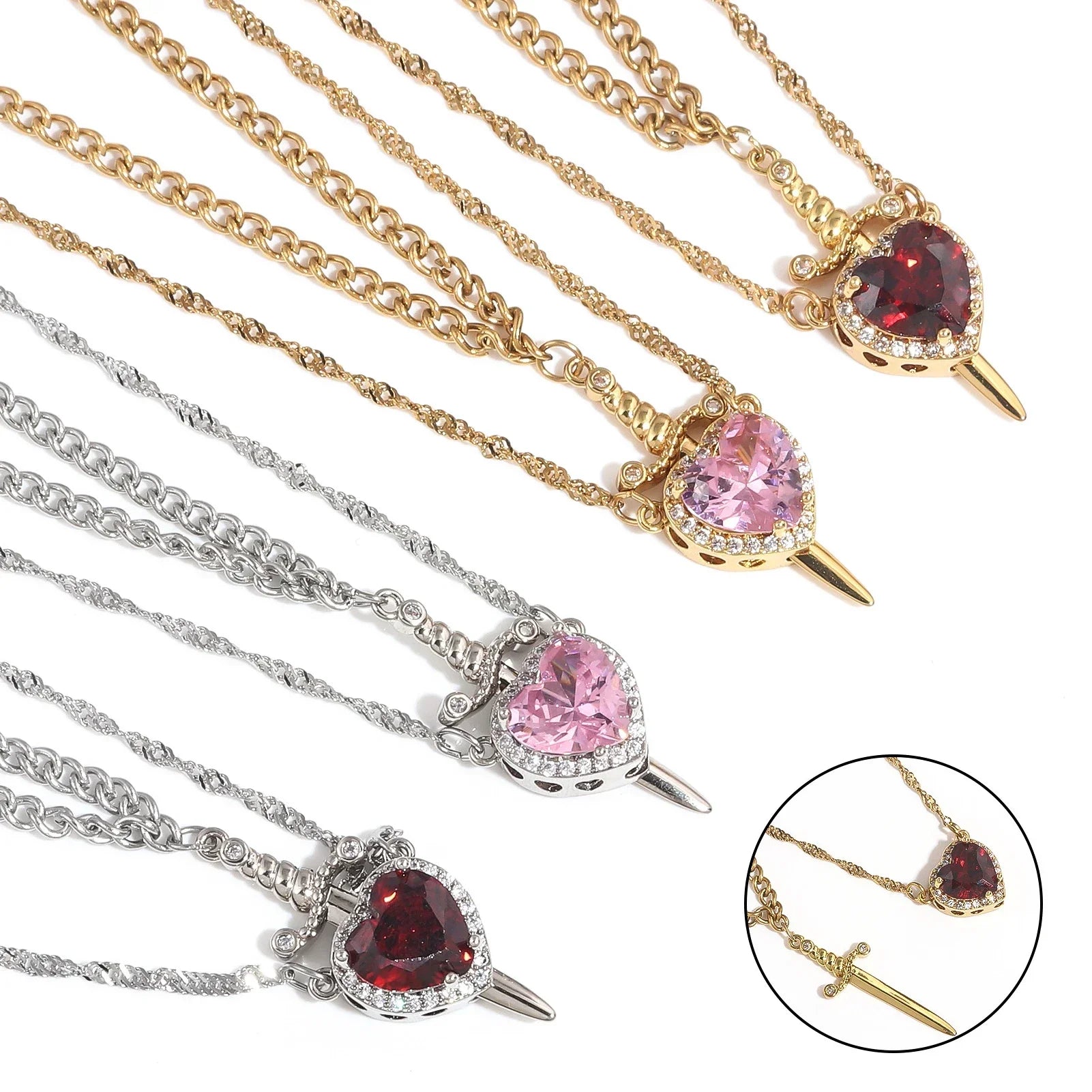 Heart and Sword Zircon Pendant Necklace for Women Men Couple Silver Gold Plated Choker Chain Jewelry