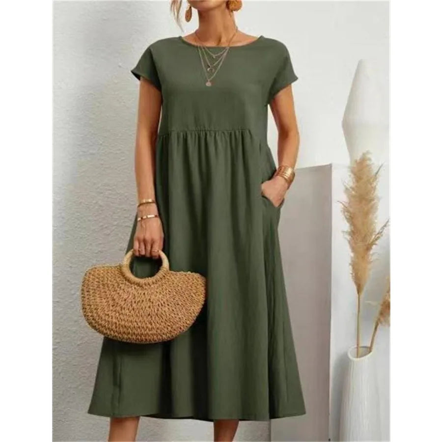 solid color sleeveless loose linen pocket women's dress in stock