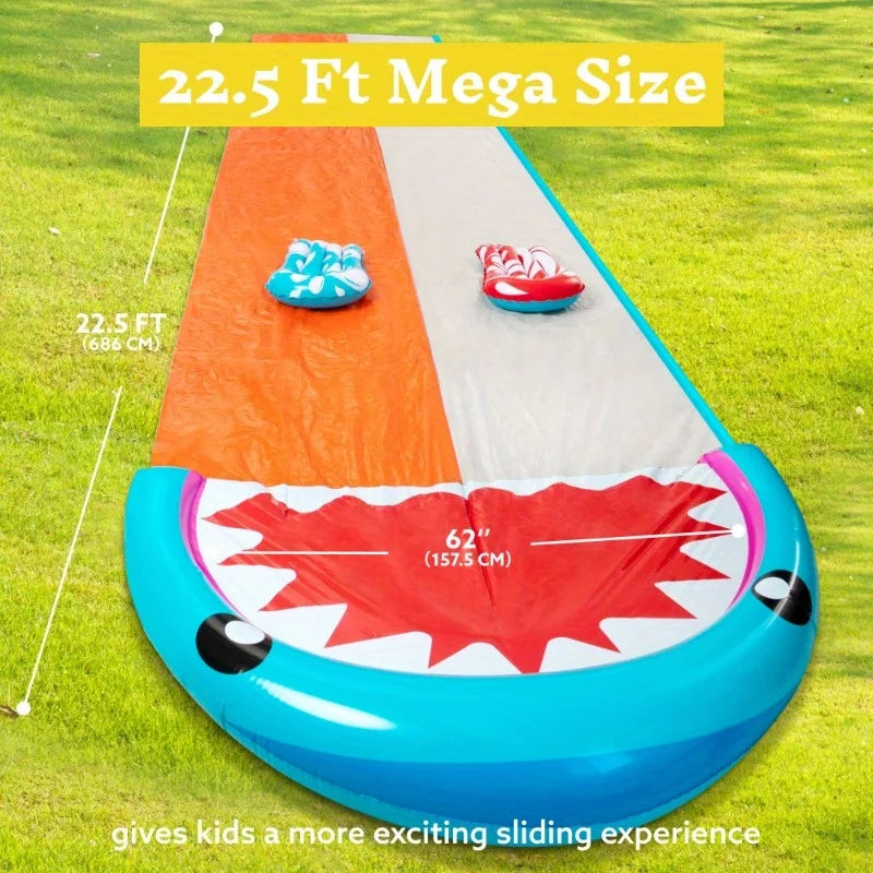 Water Slides with 2 Inflatable Boards 22.5ft Double Lane Splash Slip Lawn Water Slide Toy for Kids Adults Party