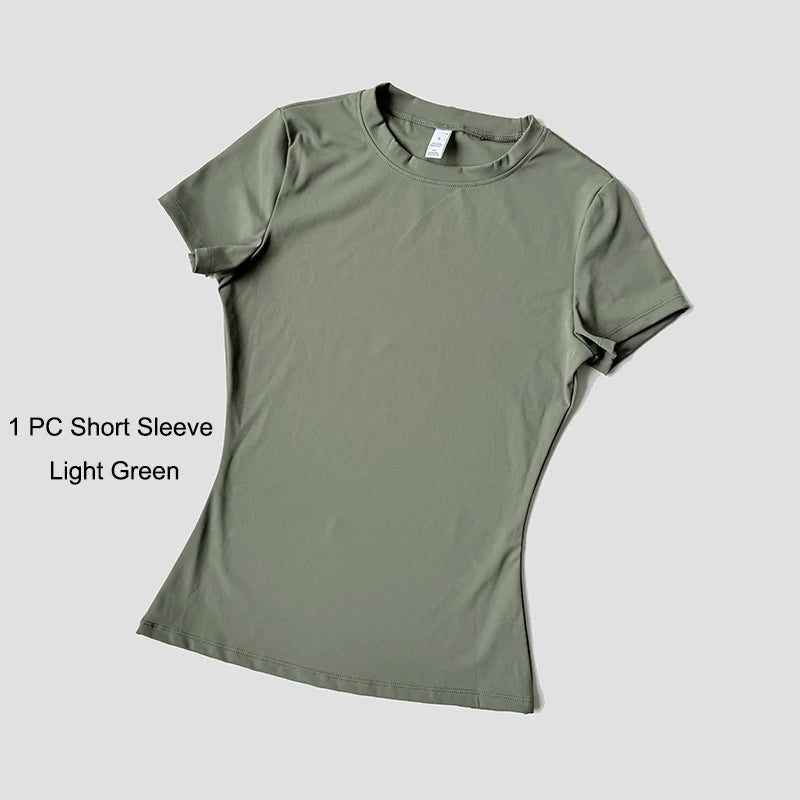 Women's Sports Yoga Set Seamless Knitted Fitness Gym Clothes Sportswear Short Sleeve Crop Top