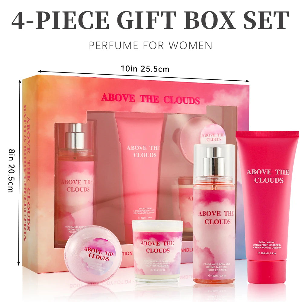 Women's Fragrance Sets 3.4fl.oz Body Mist, 3.4fl.oz Body Lotion, 3oz Candle and 2oz Bath Bomb 4 Pcs