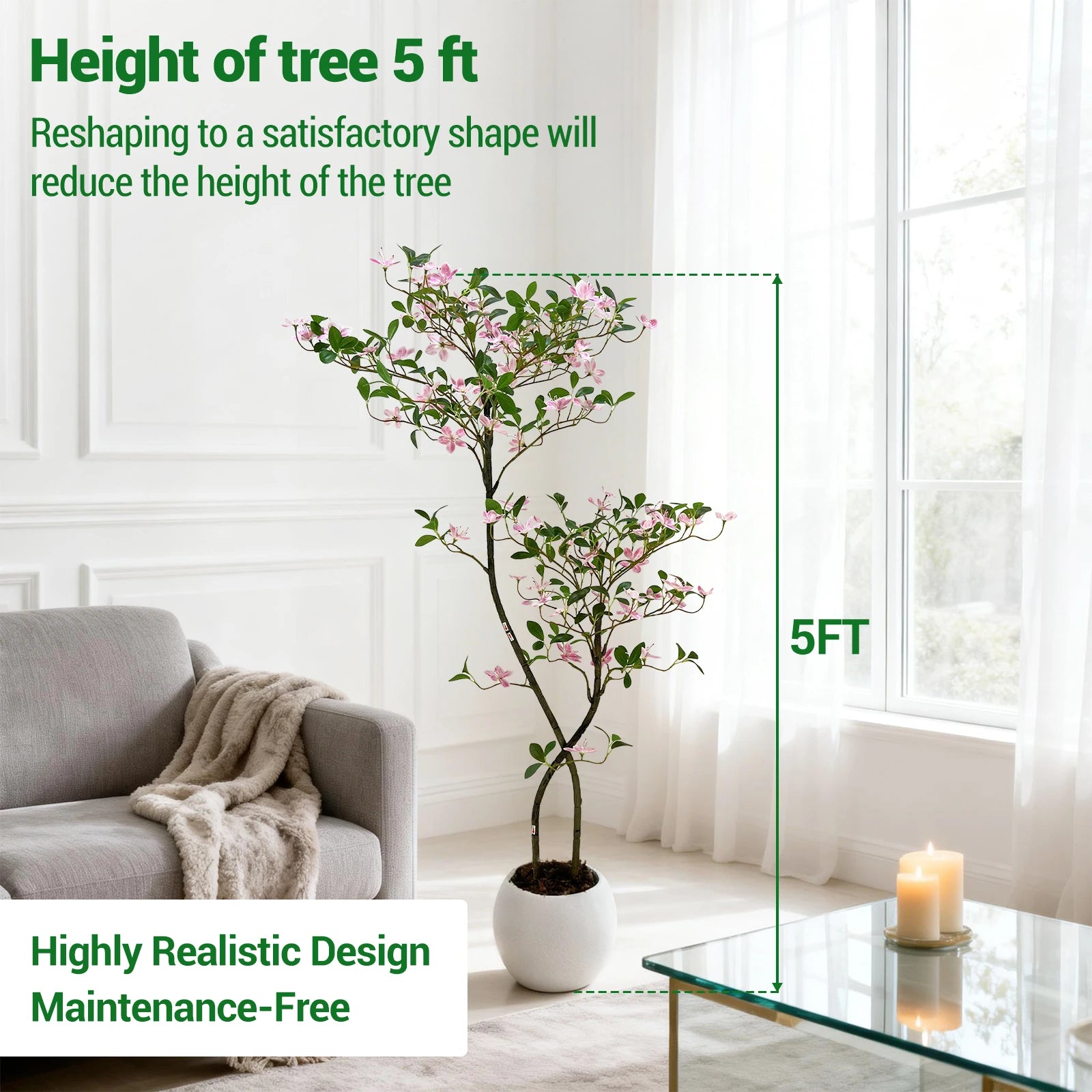 Realistic Pink Blossom Faux Tree with UV-Resistant Leaves