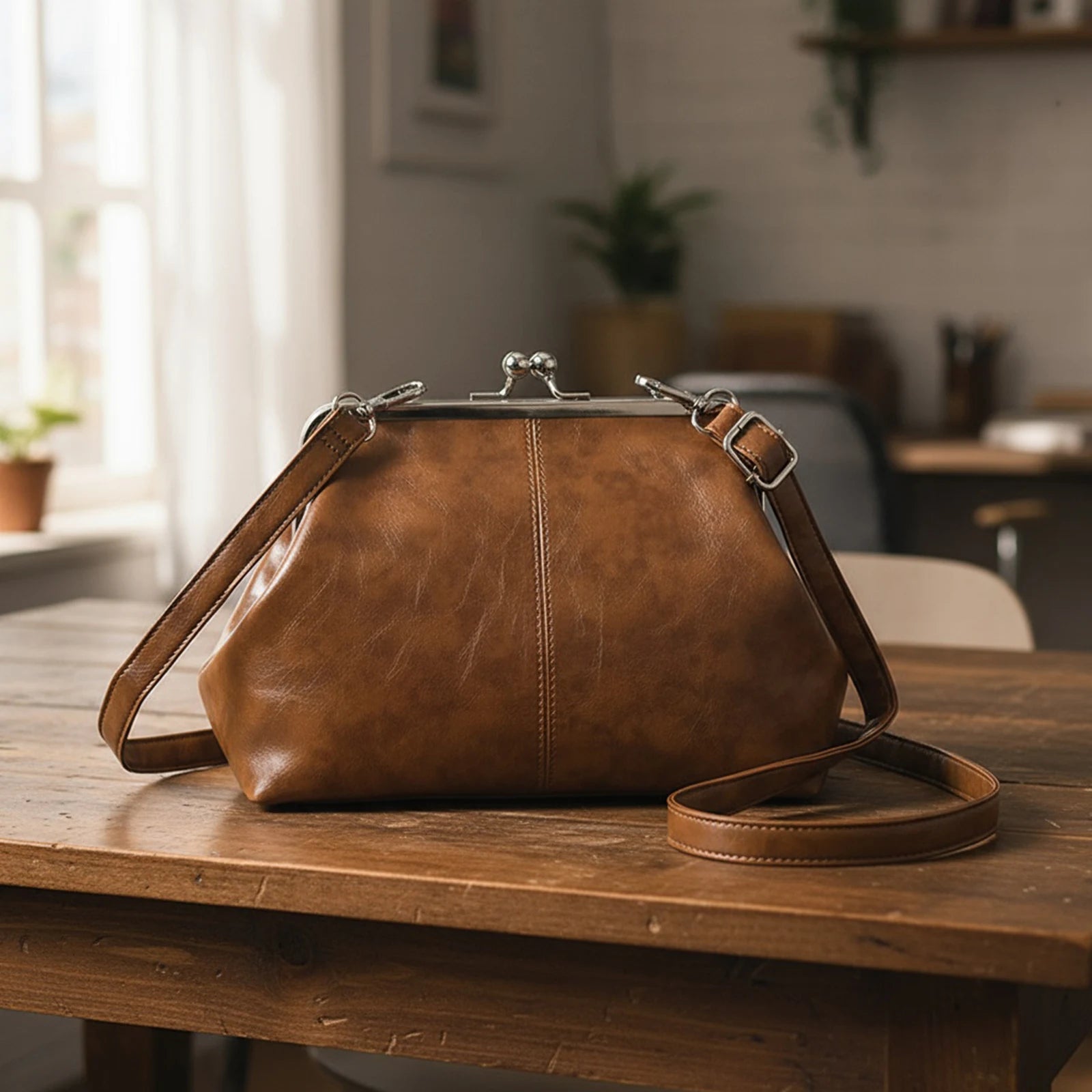 Leather Solid Color Shoulder Bag with Adjustable Strap Elegant Kiss Lock Shoulder Bag