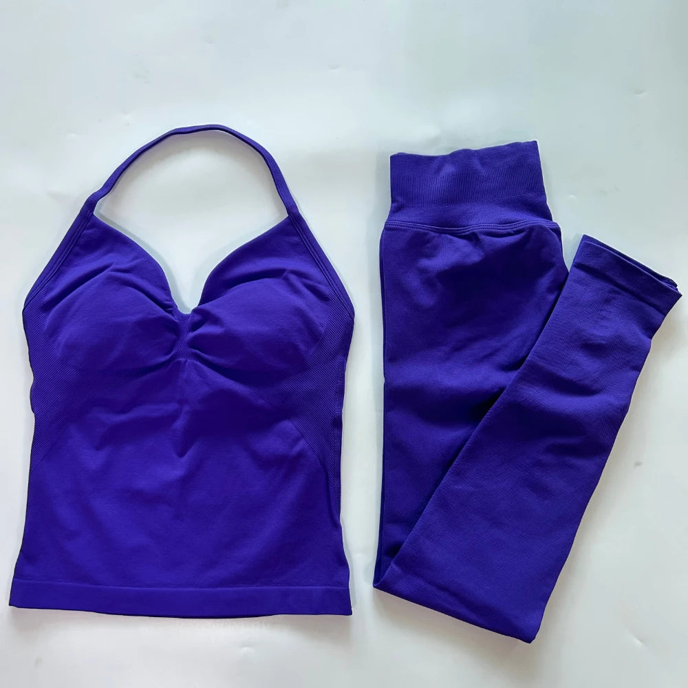 No Logo Seamless Gym Set Women Tank Tops High Waist Yoga Leggings Fitness Clothes Workout Sets Gym Suit Activewear