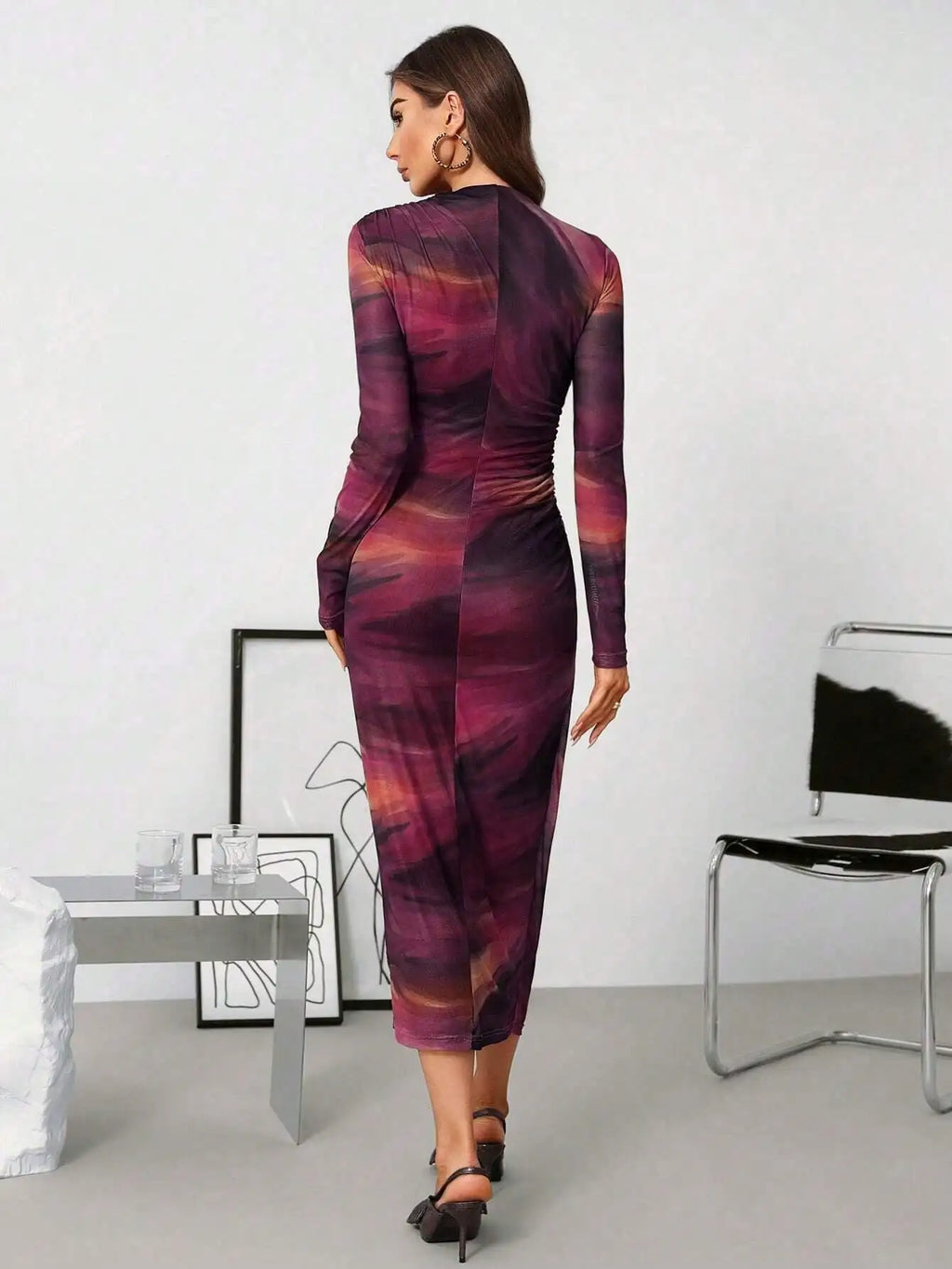 Women's Asymmetrical Ruched Mesh Knit Midi Dress with Gradient Print