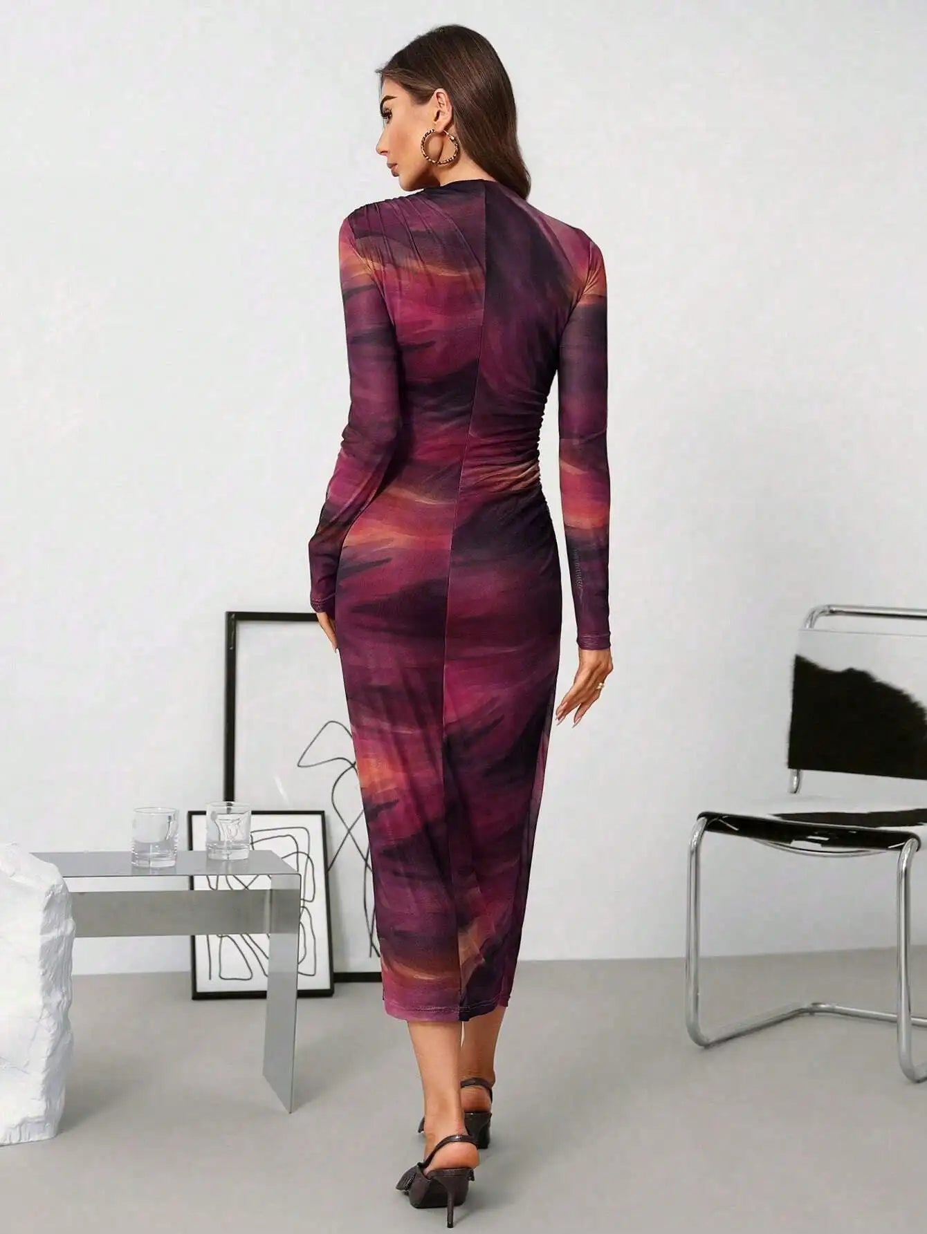Women's Asymmetrical Ruched Mesh Knit Midi Dress with Gradient Print