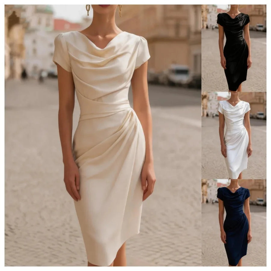 swing-collar design pleated dress, feminine temperament slim-fitting hip dress