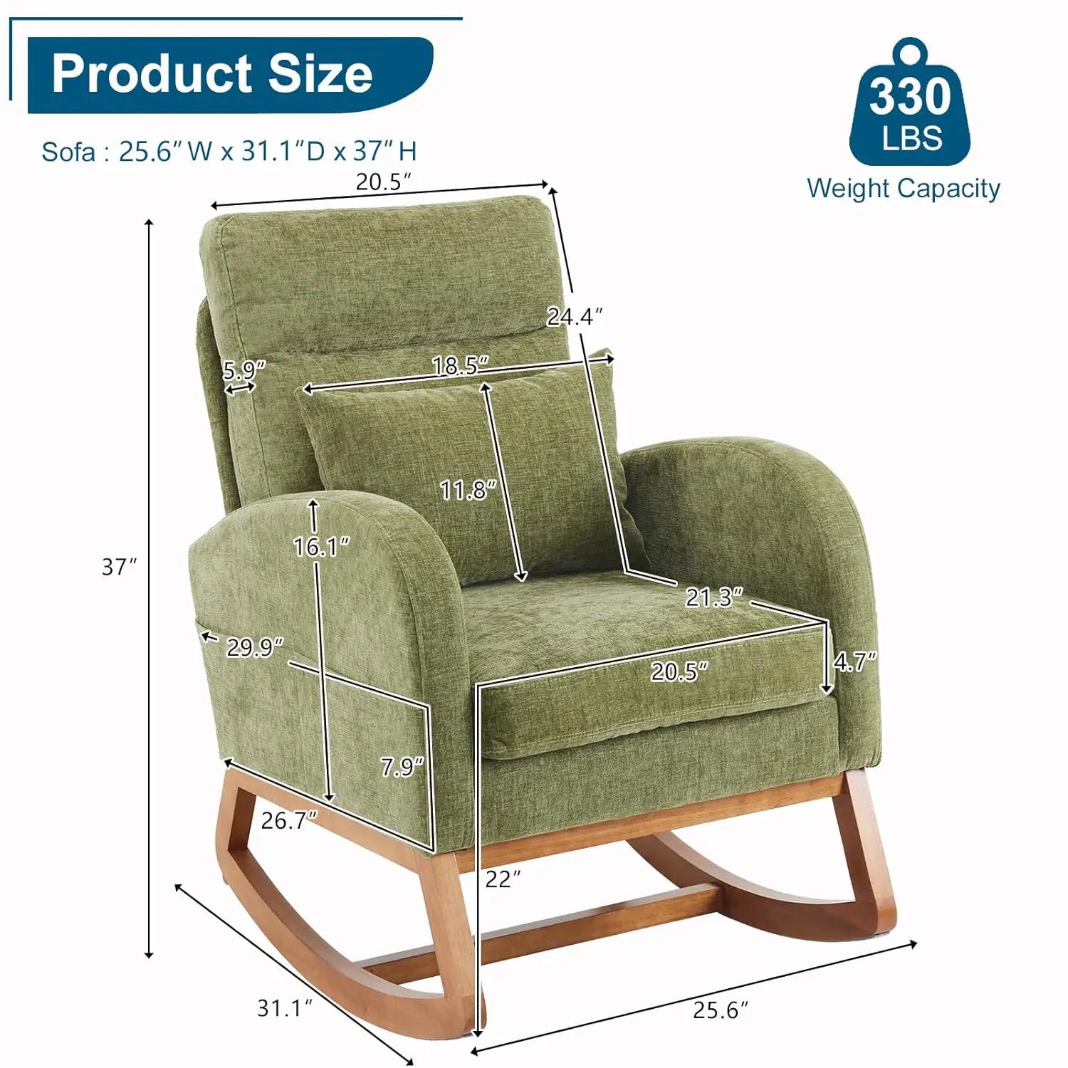 Olive Chenille Rocking Chair Nursery with Thick Headrest, Upholstered Mid-Century Modern Nursing Rocker