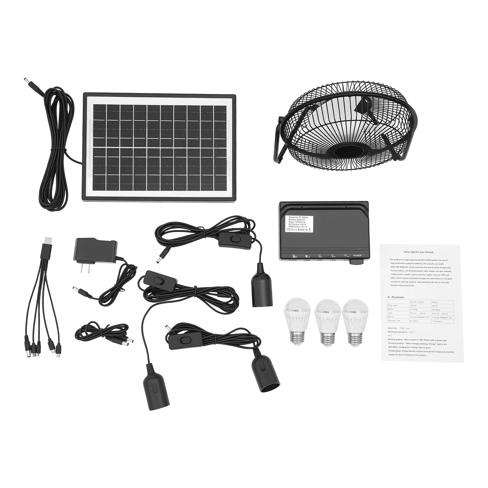 Solar Powered Fan with 3 Bulbs Air Extractor 110V Black Ventilator US Standard Freestanding