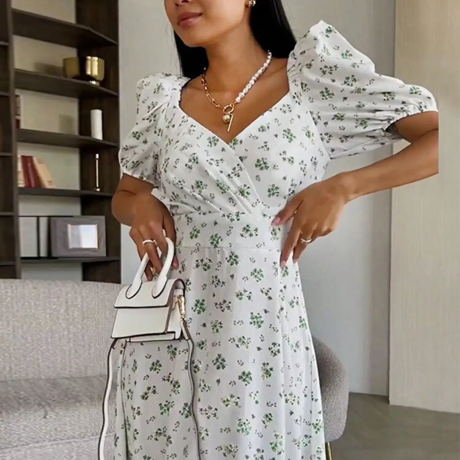European And American Sexy Dopamine Outfit Elegant Puff Sleeve Floral French Dress