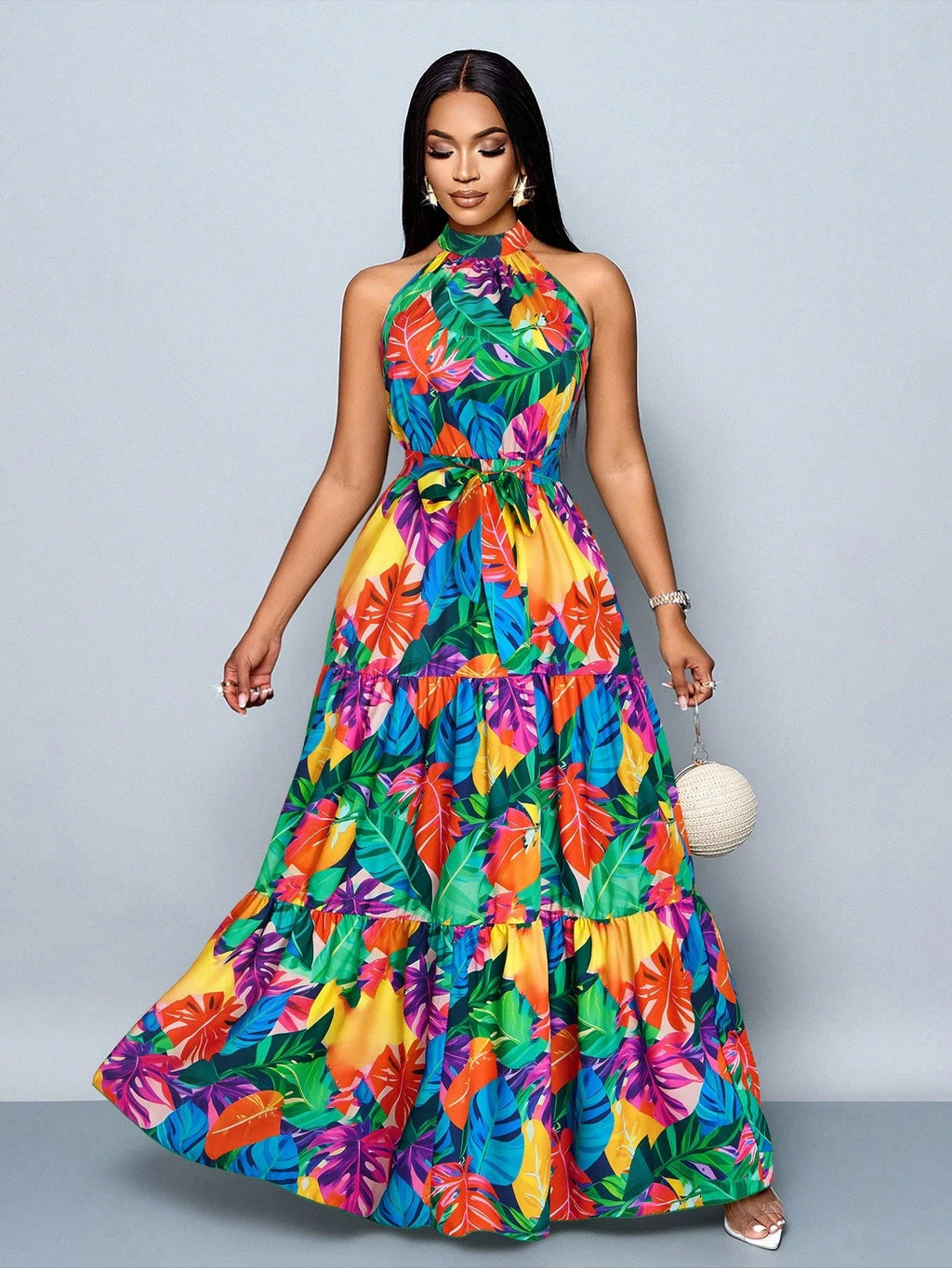 Women's Halter Neck Floral Print Tiered Maxi Dress With Belt Flowy Vacation Dress