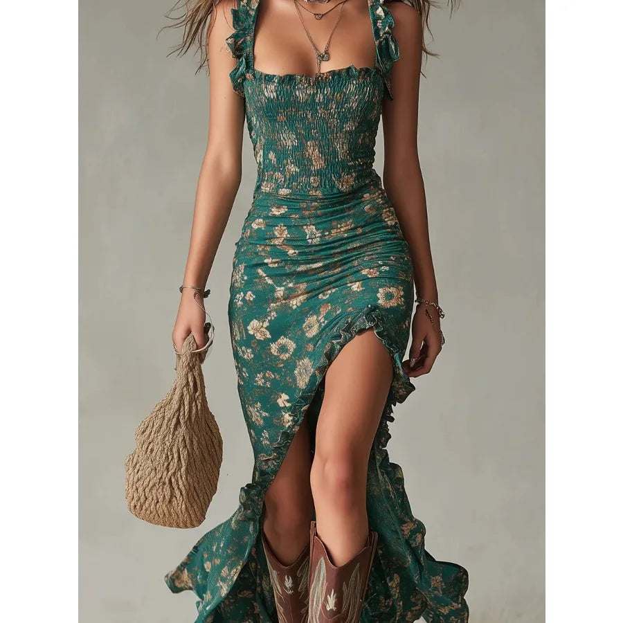 pastoral style summer new style small floral print slim figure slimming waist wide skirt strap dress