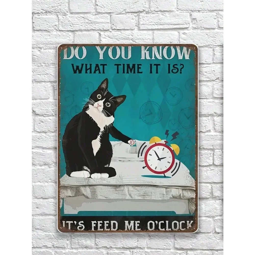 1pc Funny Cat Quote Metal Decor: 8x12 Inch Vintage! "Feed Me O'clock" Tuxedo Poster For Home Wall Art | Local Delivery
