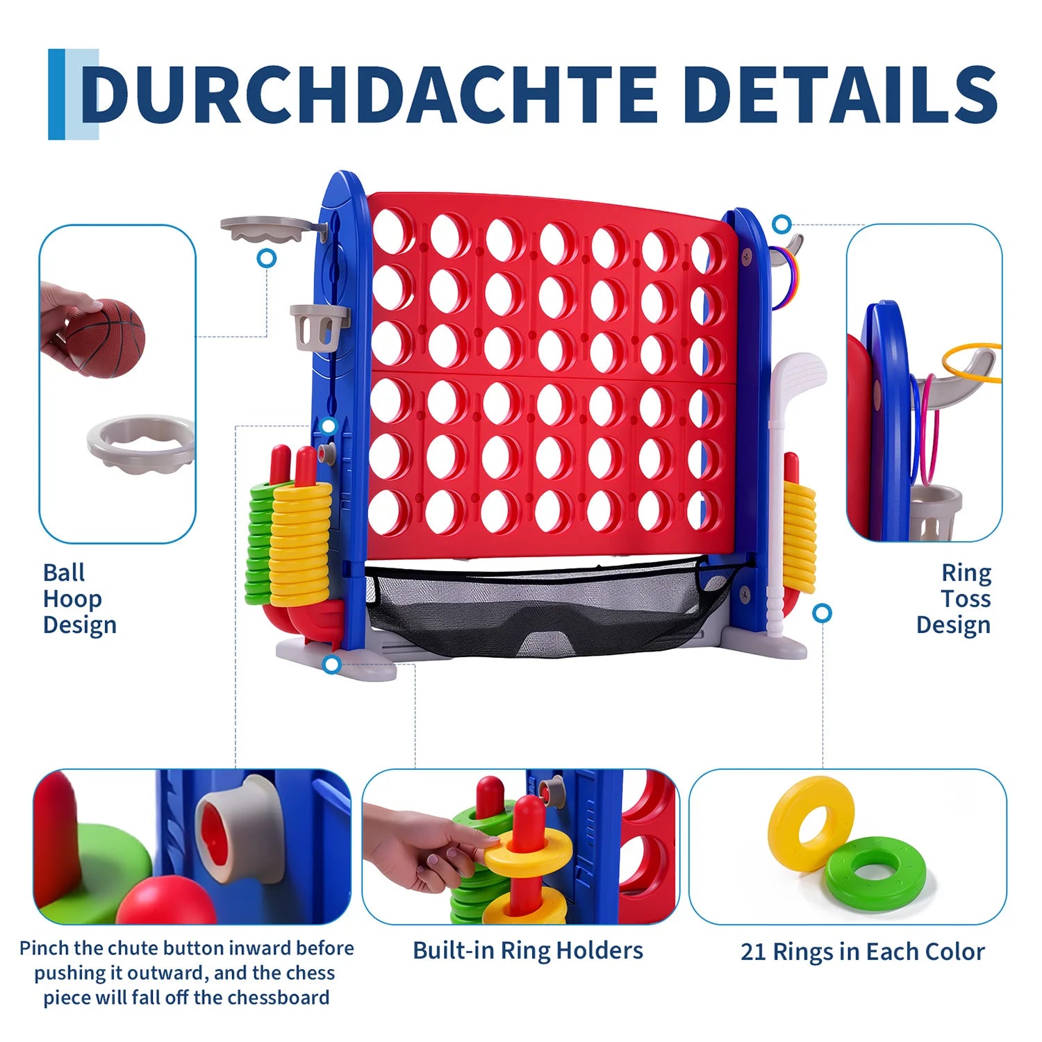 4-in-1 Giant Connect Game Set Adjustable Height, Basketball Hoop, Ring Toss and Net Jumbo Outdoor