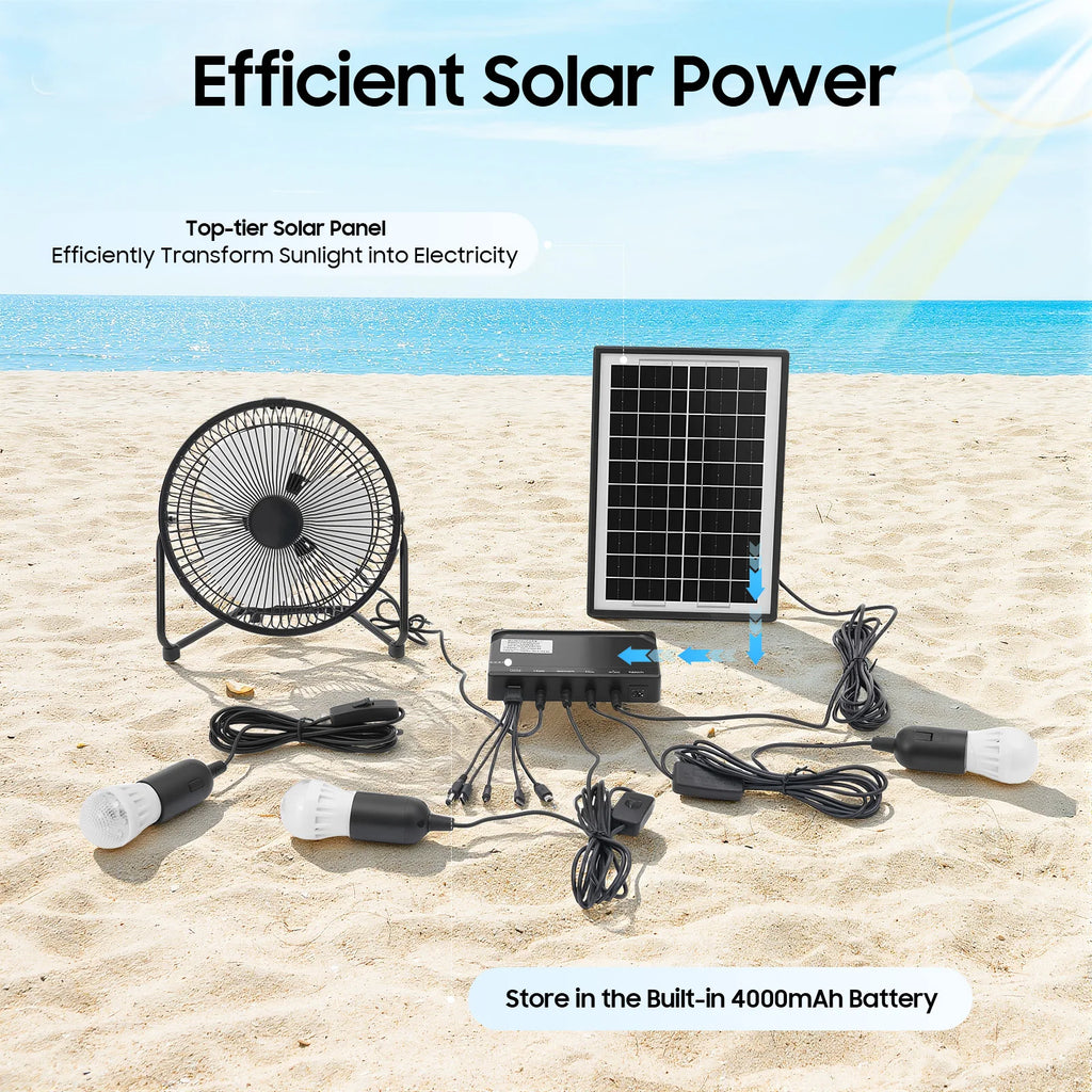Solar Powered Fan with 3 Bulbs Air Extractor 110V Black Ventilator US Standard Freestanding