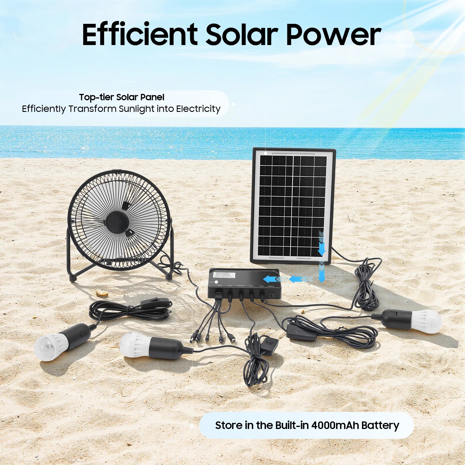 Solar Powered Fan with 3 Bulbs Air Extractor 110V Black Ventilator US Standard Freestanding