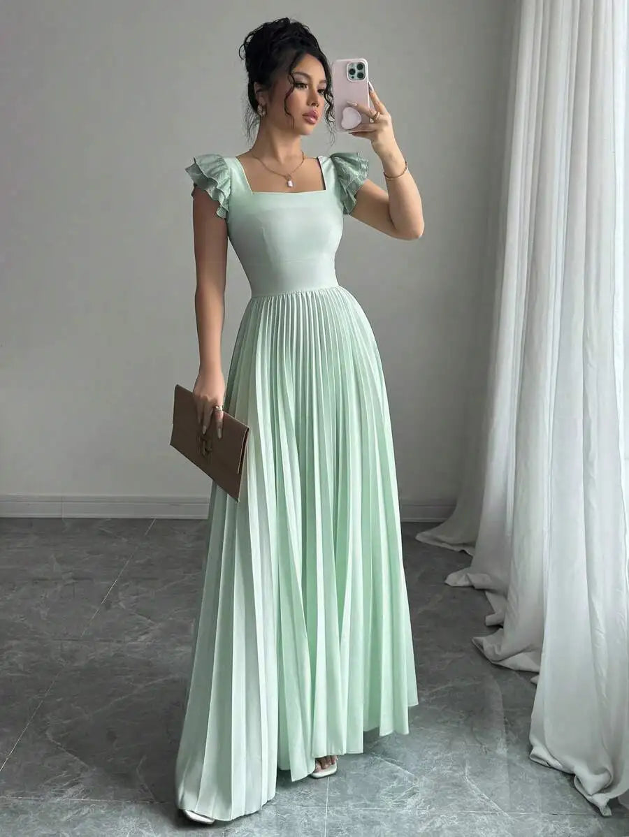 Elegant Mint Green Square Neck Ruffled Sleeve Pleated Maxi Dress