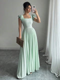 Elegant Mint Green Square Neck Ruffled Sleeve Pleated Maxi Dress