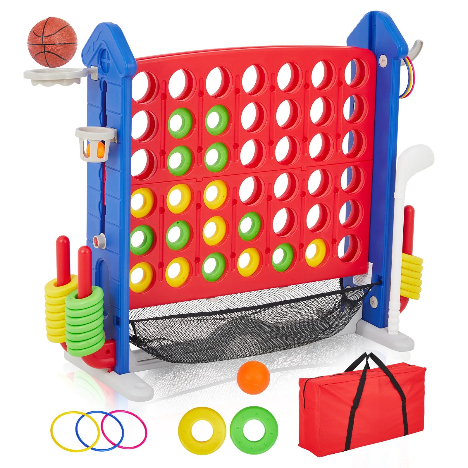 4-in-1 Giant Connect Game Set Adjustable Height, Basketball Hoop, Ring Toss and Net Jumbo Outdoor