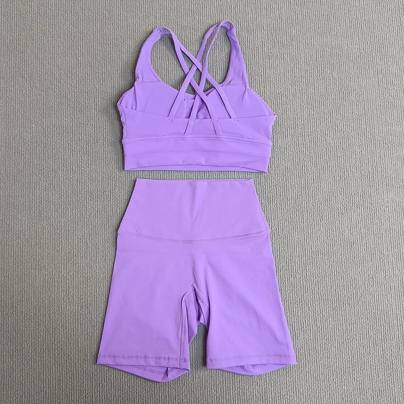 2-Piece Yoga Set Tights Shorts For Woman Cross Back Bra Top + High Waist Shorts Fitness Running Workout Tracksuit