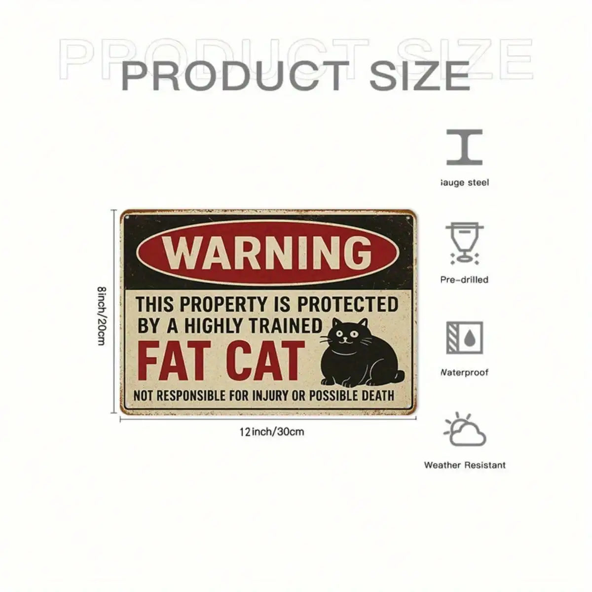 1PC Tin Sign Humorous Warning Protected By Fat Cat - Home/Office Decor, Retro Design, 8x12 Inches / 20x30 Cm