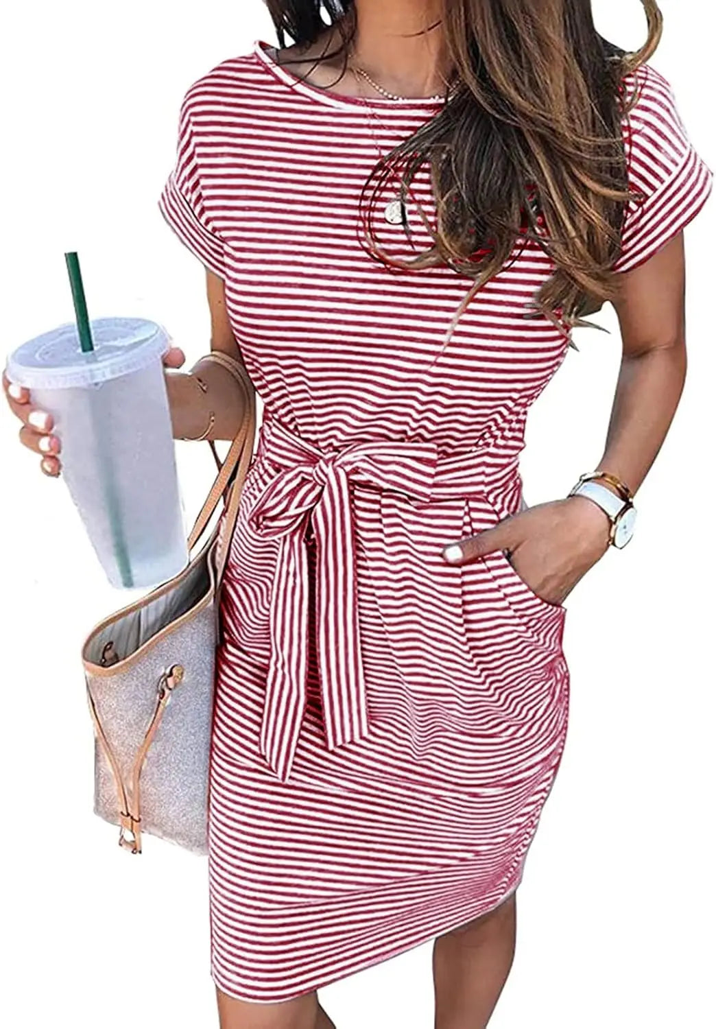 Casual T Shirt DrShort Sleeve Striped Tie Waist Work Vacation Trendy Short Dresses