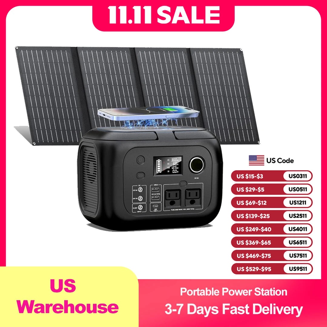 300W 260Wh Portable Power Station with Solar Panels 40W Solar Generator with AC Outlet 110V